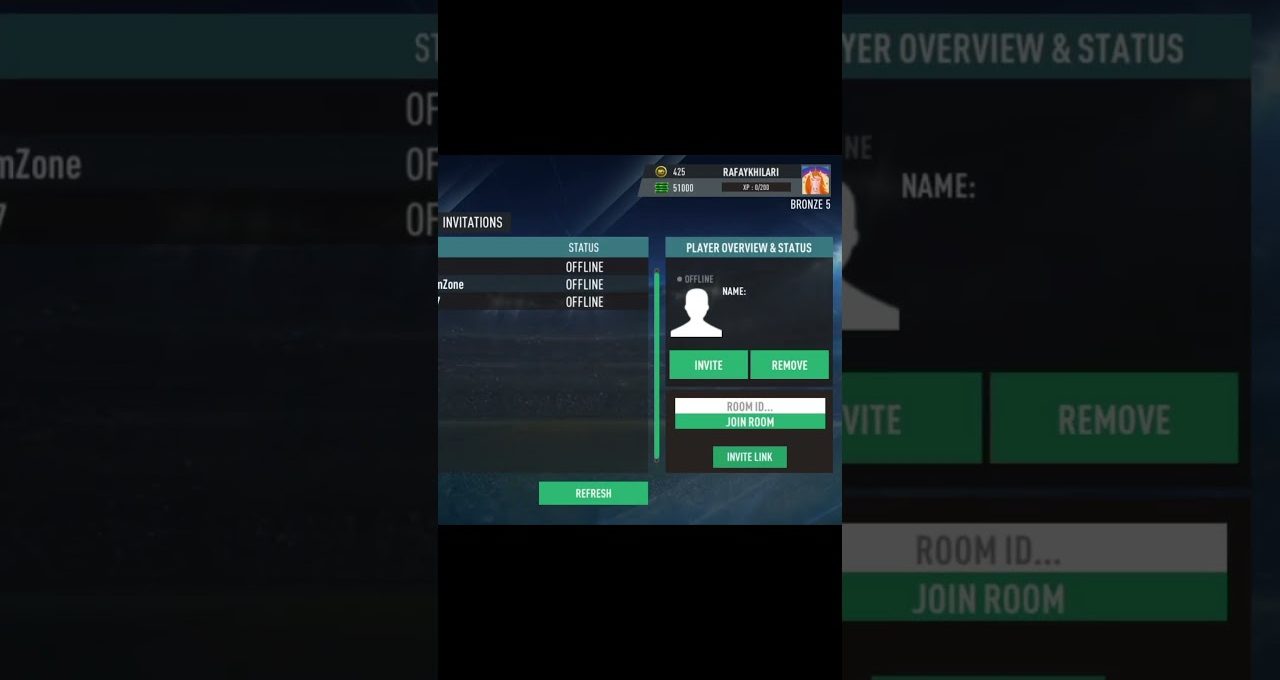 Game invitation screen showing player overview, offline status, and invite/remove buttons.