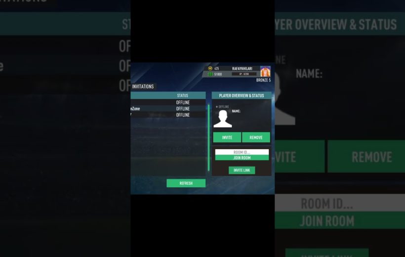 Game invitation screen showing player overview, offline status, and invite/remove buttons.