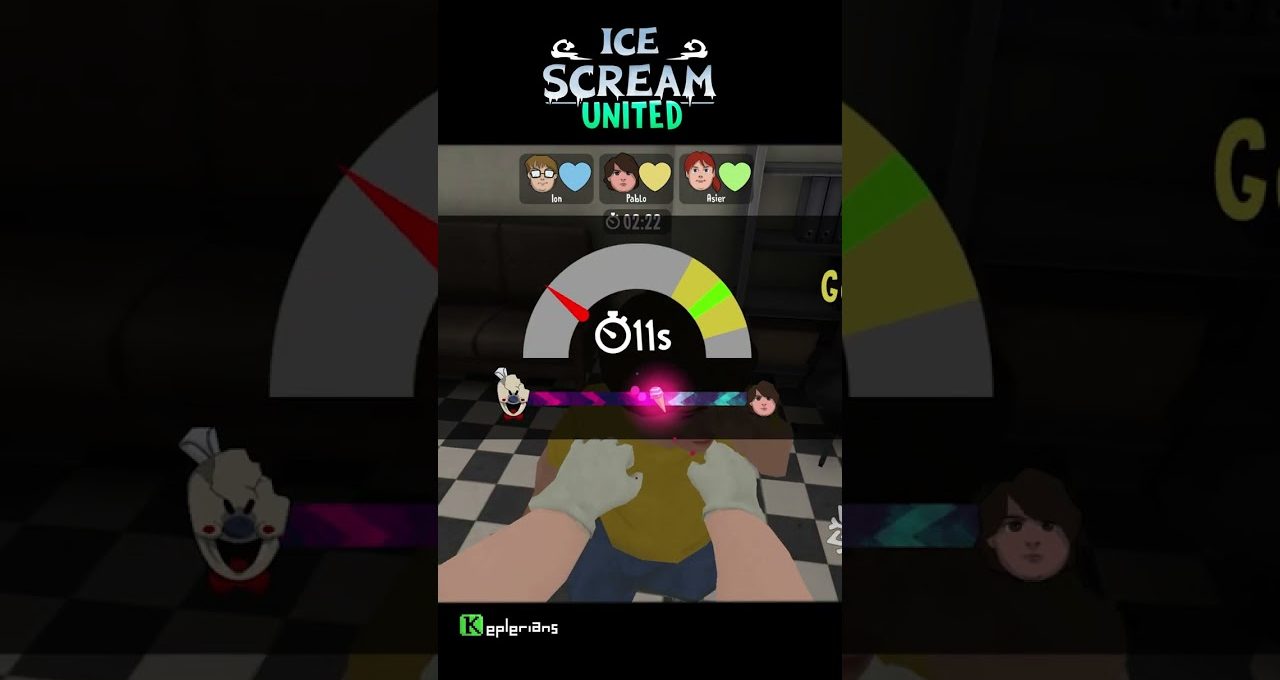 First-person view of a player holding ice cream in a colorful game HUD