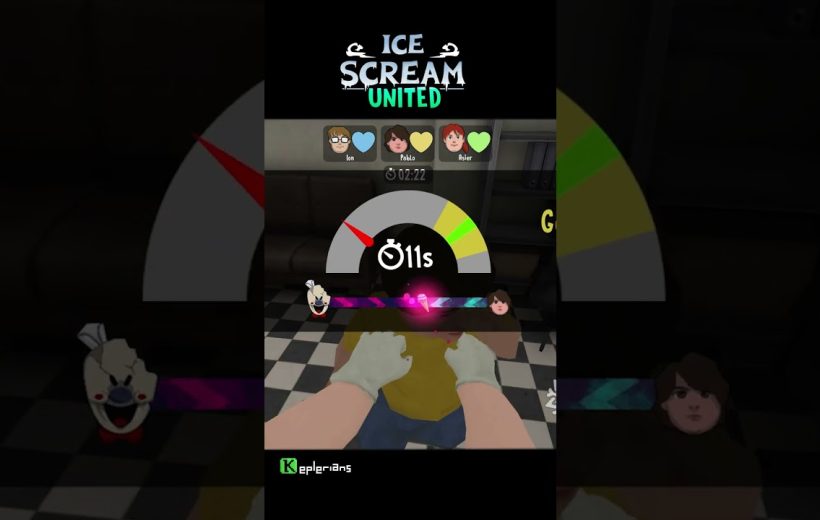 First-person view of a player holding ice cream in a colorful game HUD
