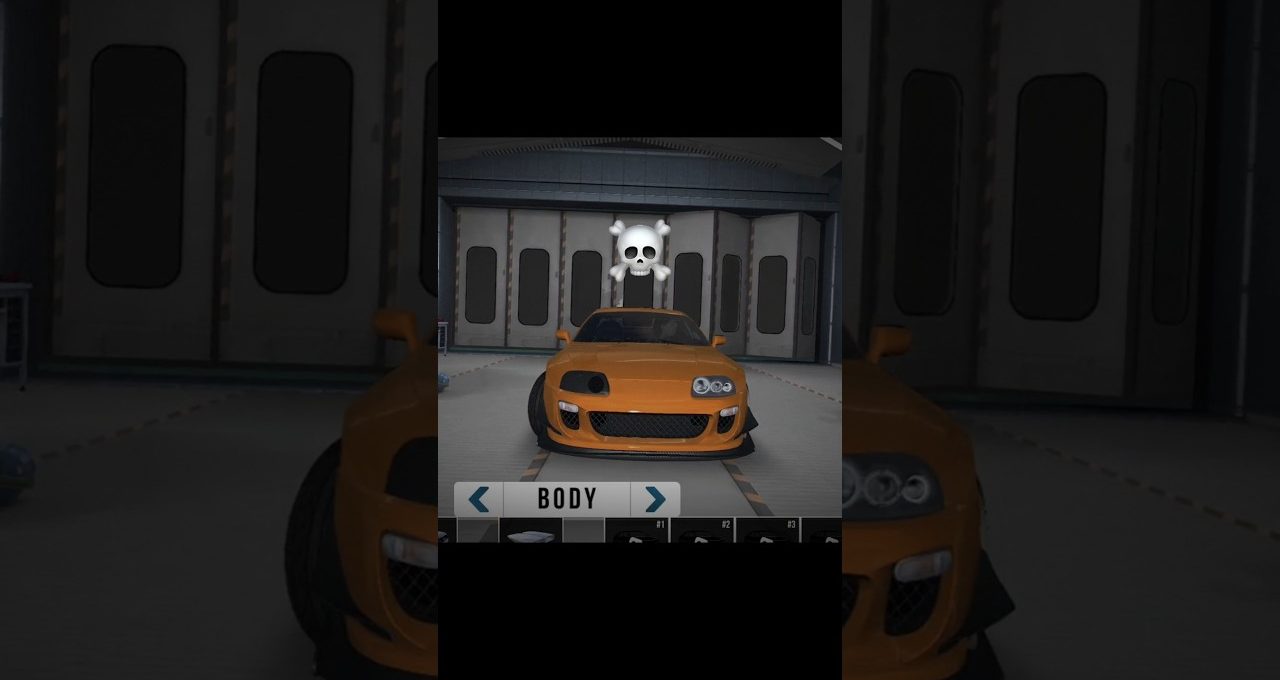 Orange modified sports car displayed in a virtual garage with customization menu visible