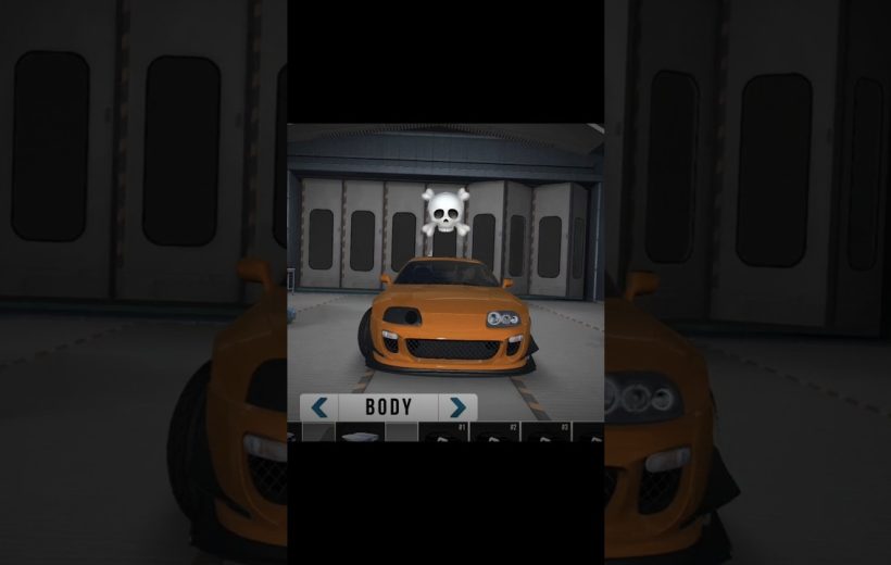 Orange modified sports car displayed in a virtual garage with customization menu visible