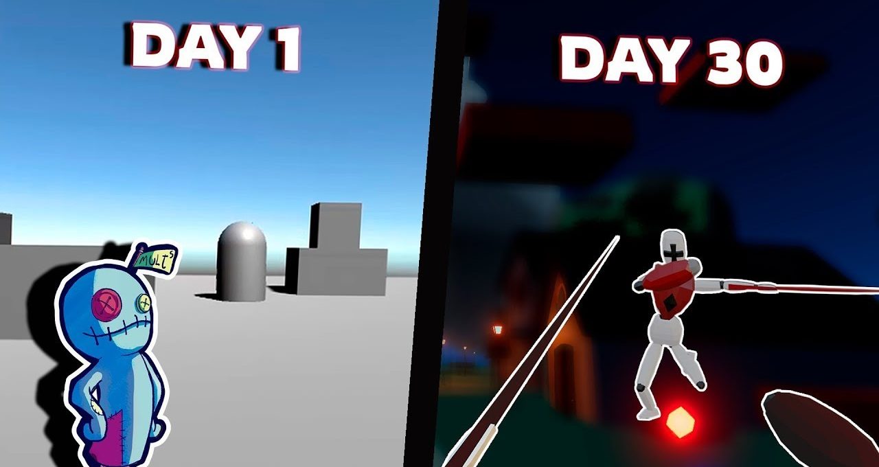 Split-screen comparison showing a simple Day 1 scene and a detailed Day 30 game character.