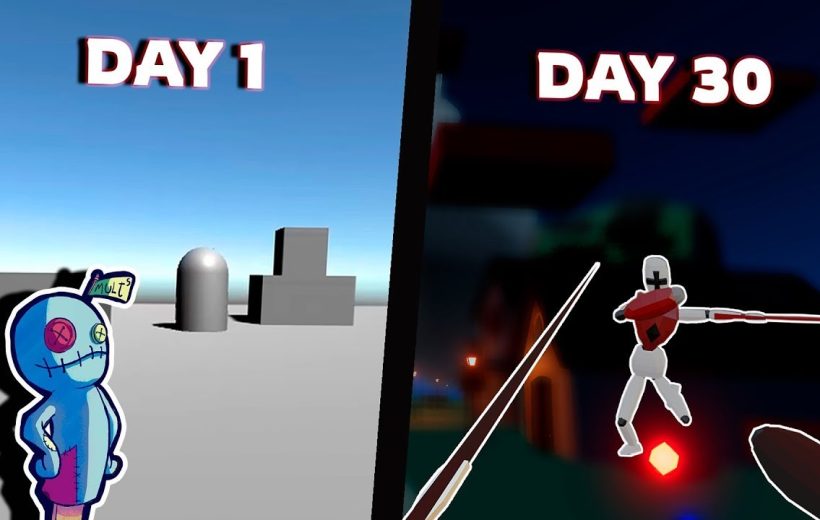 Split-screen comparison showing a simple Day 1 scene and a detailed Day 30 game character.