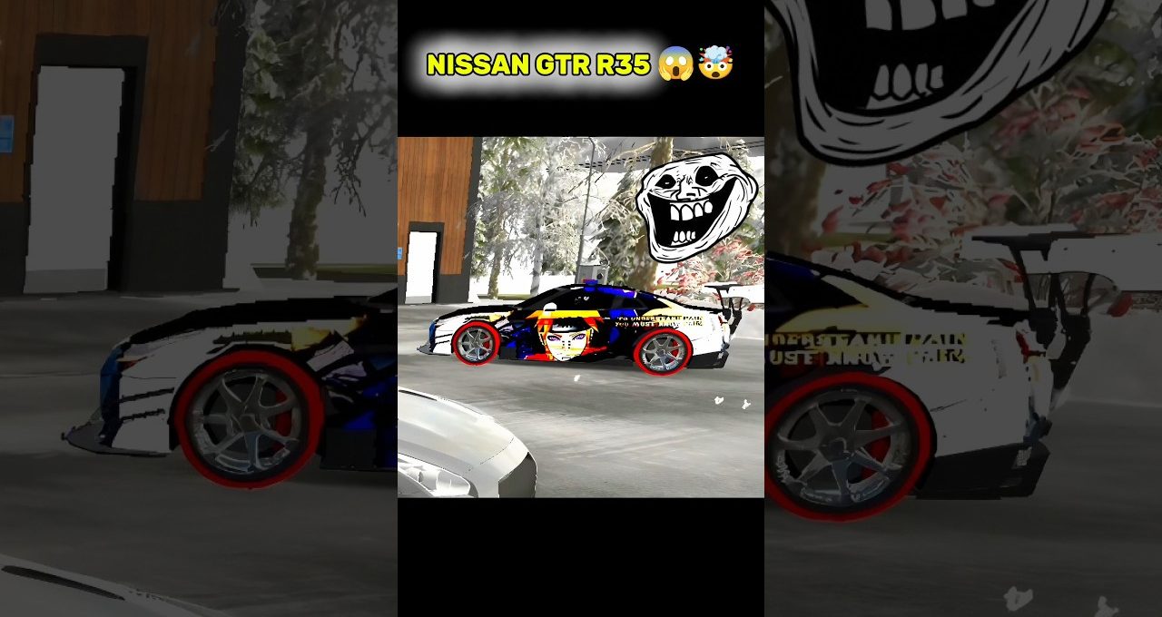 White Nissan GTR R35 with anime-style decal and red-rimmed wheels parked outdoors