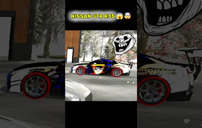 White Nissan GTR R35 with anime-style decal and red-rimmed wheels parked outdoors