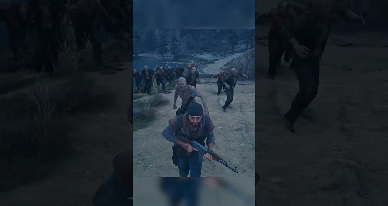 Armed survivor running uphill while a horde of pale zombies chases him behind