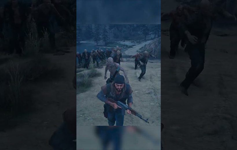 Armed survivor running uphill while a horde of pale zombies chases him behind