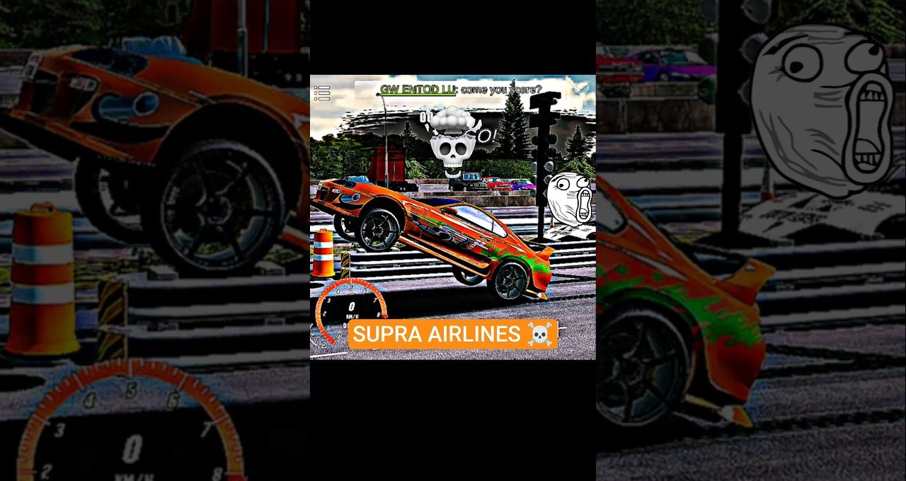 Orange sports car doing a dramatic wheelie on track with "SUPRA AIRLINES" text