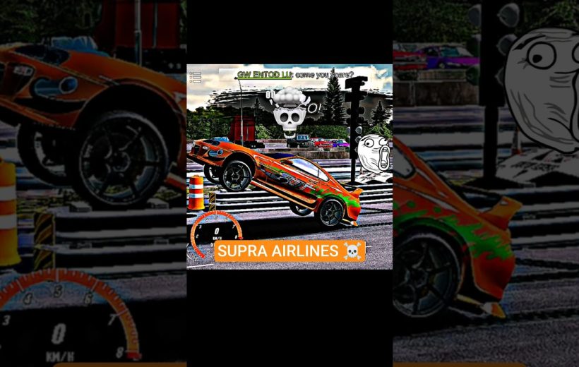 Orange sports car doing a dramatic wheelie on track with "SUPRA AIRLINES" text