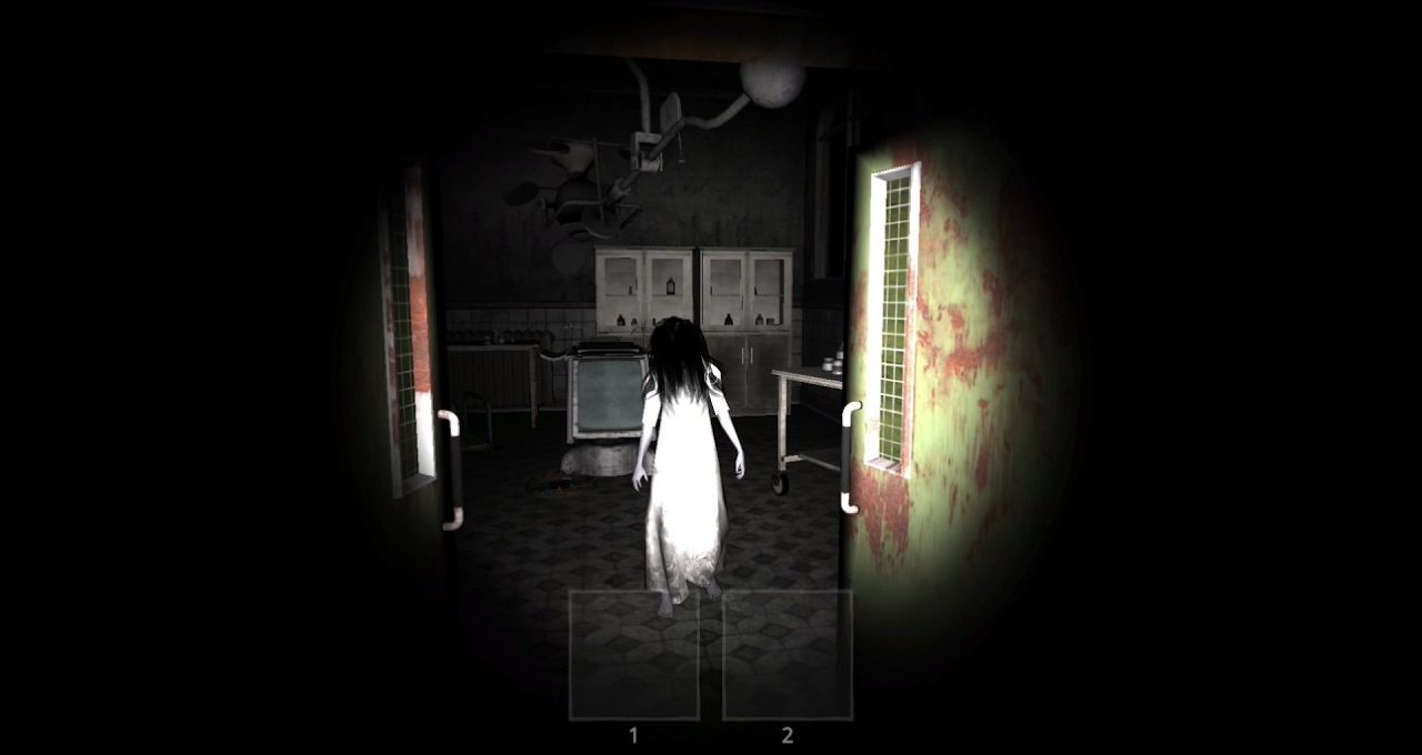 Long-haired girl in a white dress walking into a dark, blood-stained hospital room