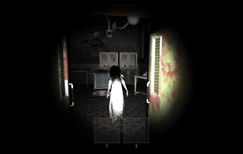Long-haired girl in a white dress walking into a dark, blood-stained hospital room