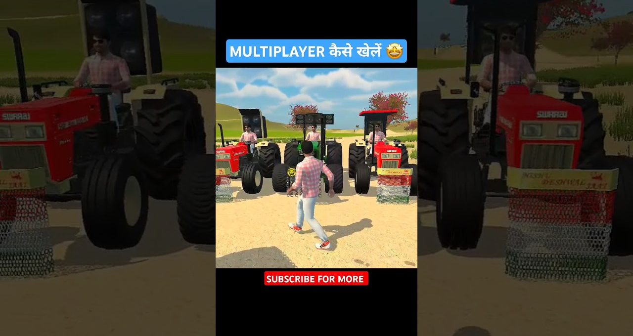 Avatar character walking toward three red tractors parked side by side on dirt road
