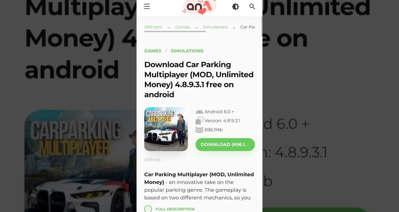 Mobile webpage showing download page for "Car Parking Multiplayer" mod with download button.