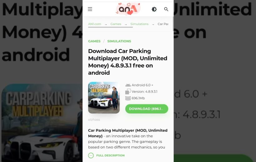 Mobile webpage showing download page for "Car Parking Multiplayer" mod with download button.