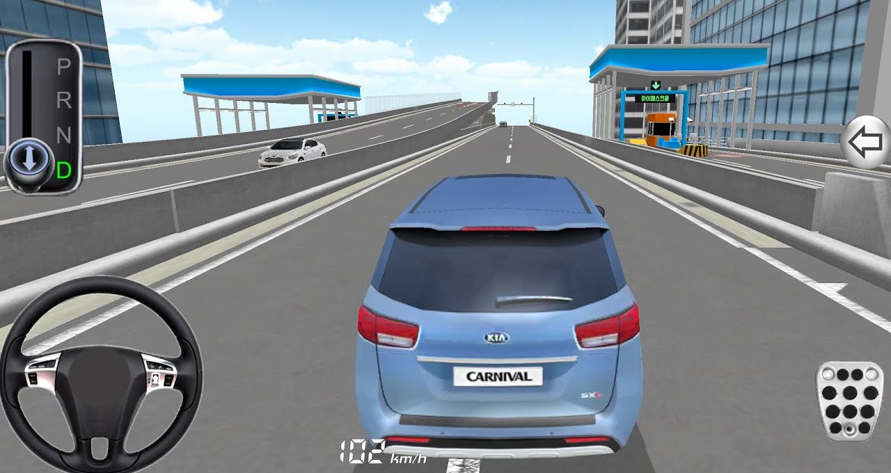 Blue SUV driving on elevated highway toward toll plaza in a city driving simulator