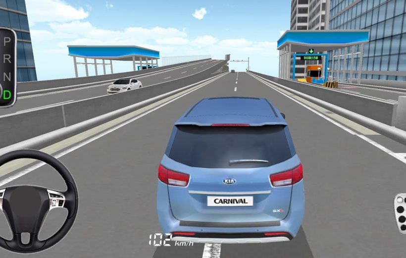 Blue SUV driving on elevated highway toward toll plaza in a city driving simulator