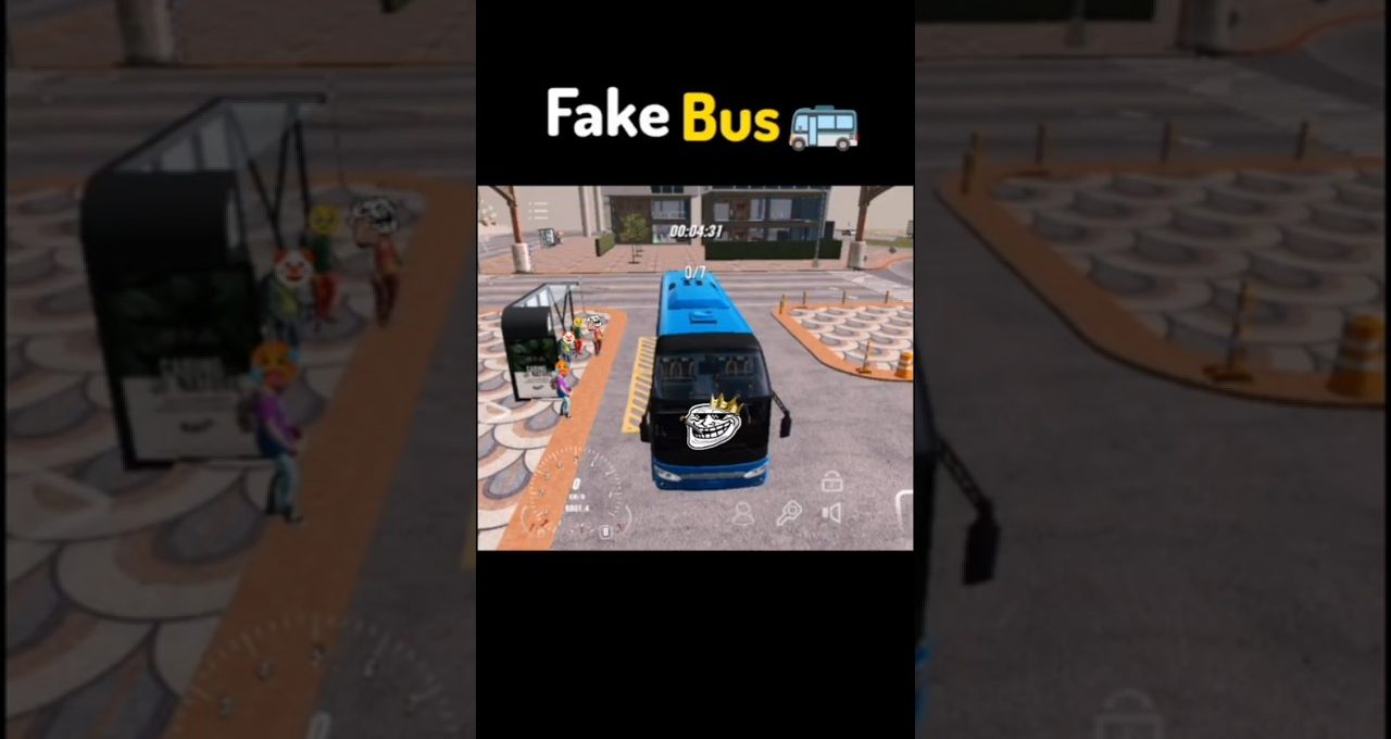 Blue coach bus parked at a curb with passengers and "Fake Bus" title above