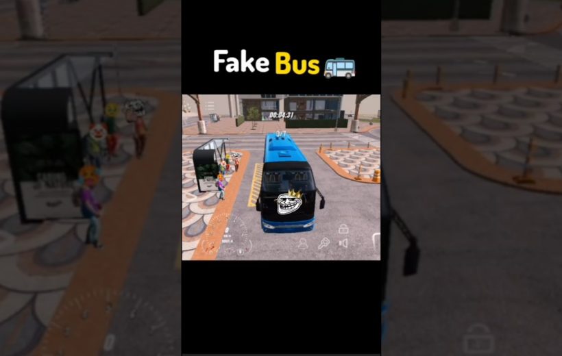 Blue coach bus parked at a curb with passengers and "Fake Bus" title above