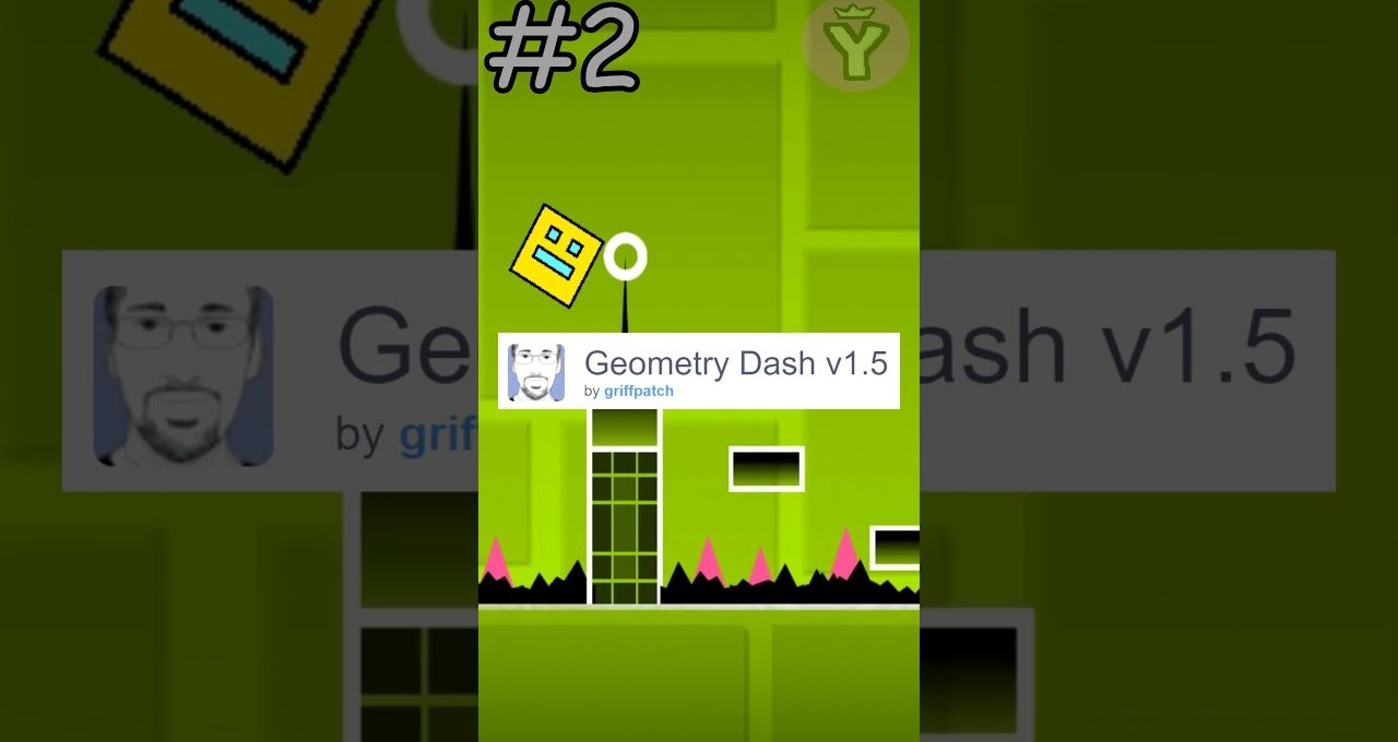Green Geometry Dash game screenshot showing a jumping yellow square and spiky obstacles