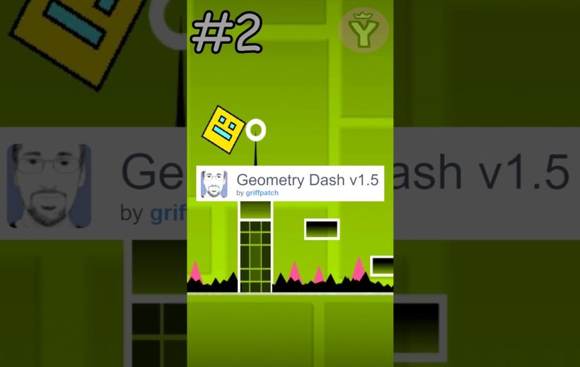 Green Geometry Dash game screenshot showing a jumping yellow square and spiky obstacles