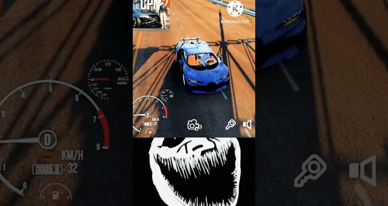Blue sports car driving on sunlit road with racing HUD and black skull graphic below.