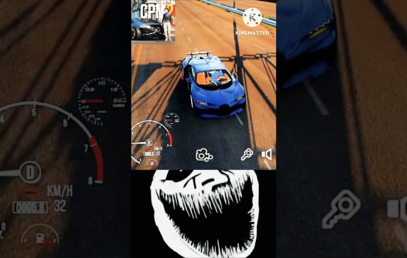 Blue sports car driving on sunlit road with racing HUD and black skull graphic below.