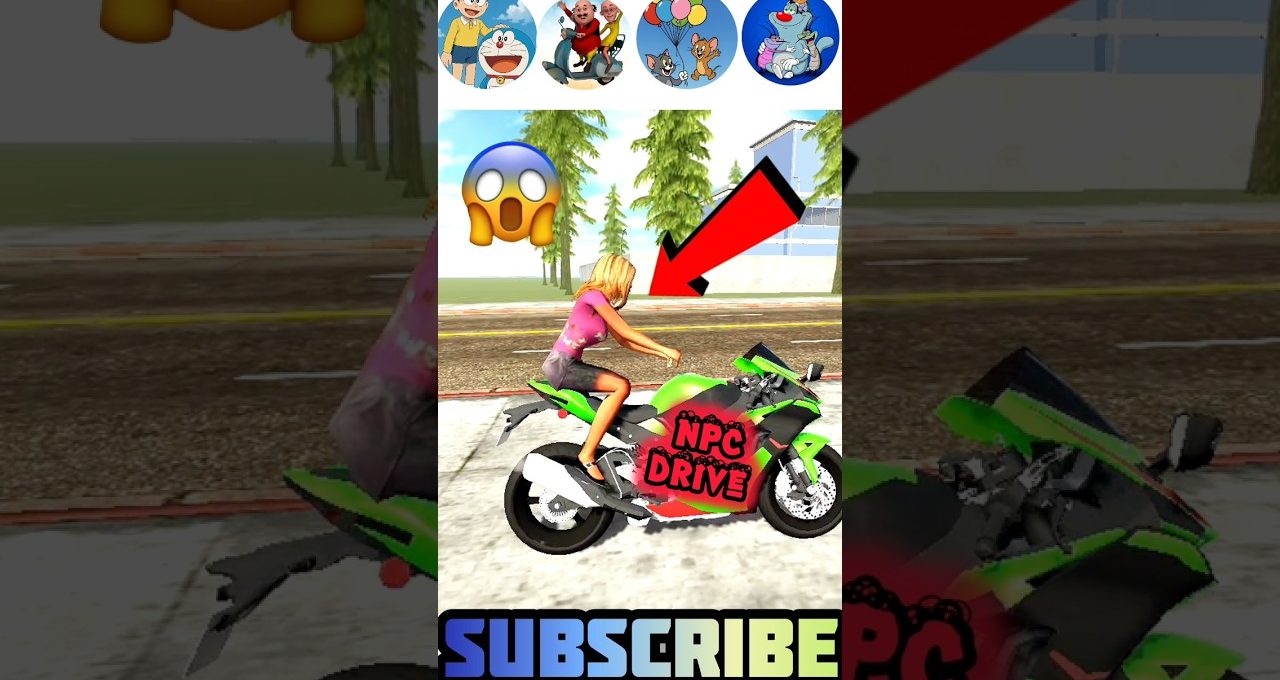 Woman riding bright green sport motorcycle labeled "NPC Drive" with arrow and emoji