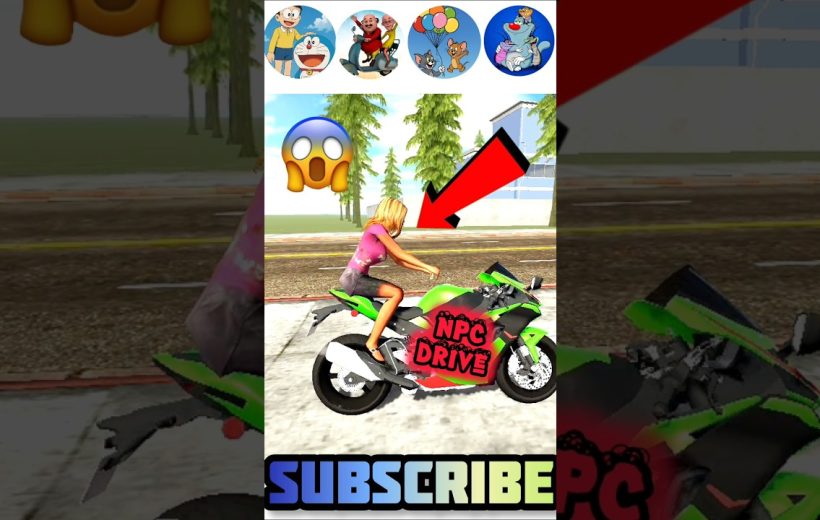 Woman riding bright green sport motorcycle labeled "NPC Drive" with arrow and emoji