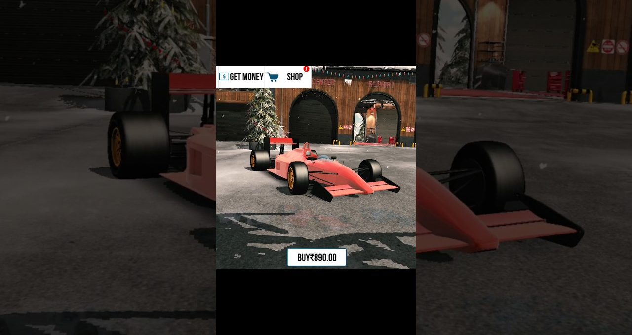 Red Formula race car parked in snowy garage scene with festive decorations