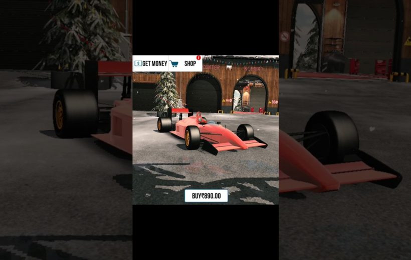 Red Formula race car parked in snowy garage scene with festive decorations