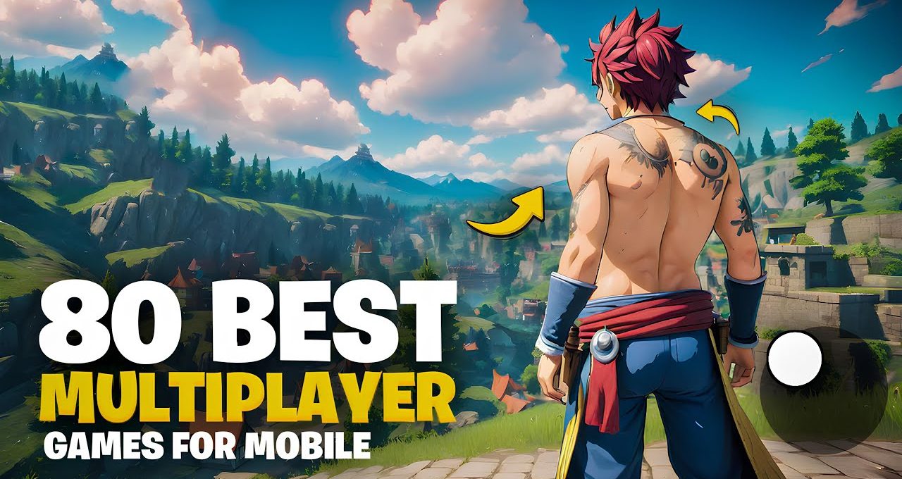 Shirtless red-haired game character overlooking a lush fantasy valley with bold text.