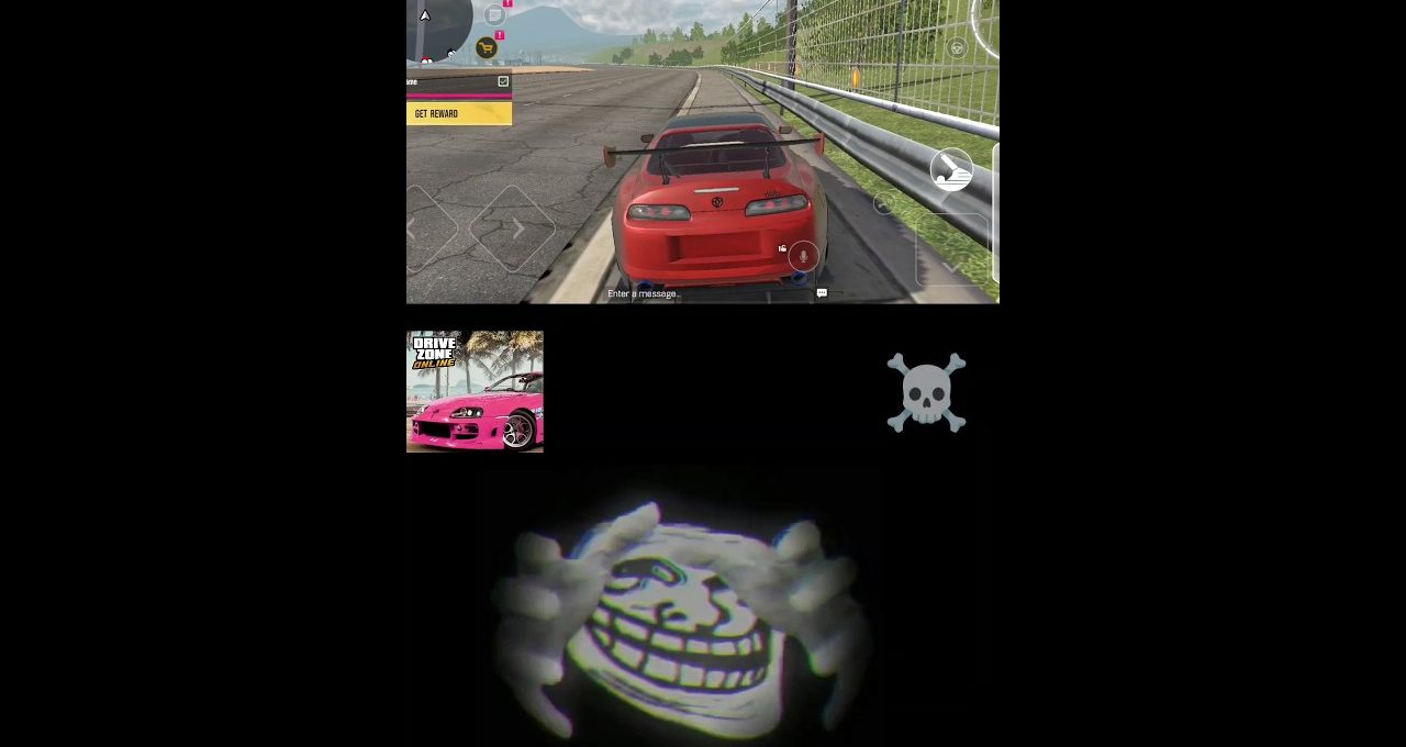 Red sports car on racetrack UI above a troll face graphic and skull icon