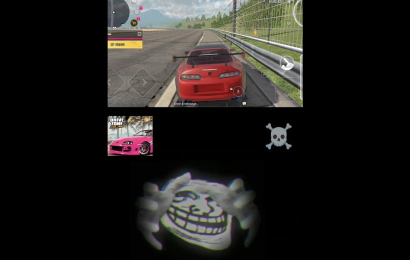 Red sports car on racetrack UI above a troll face graphic and skull icon