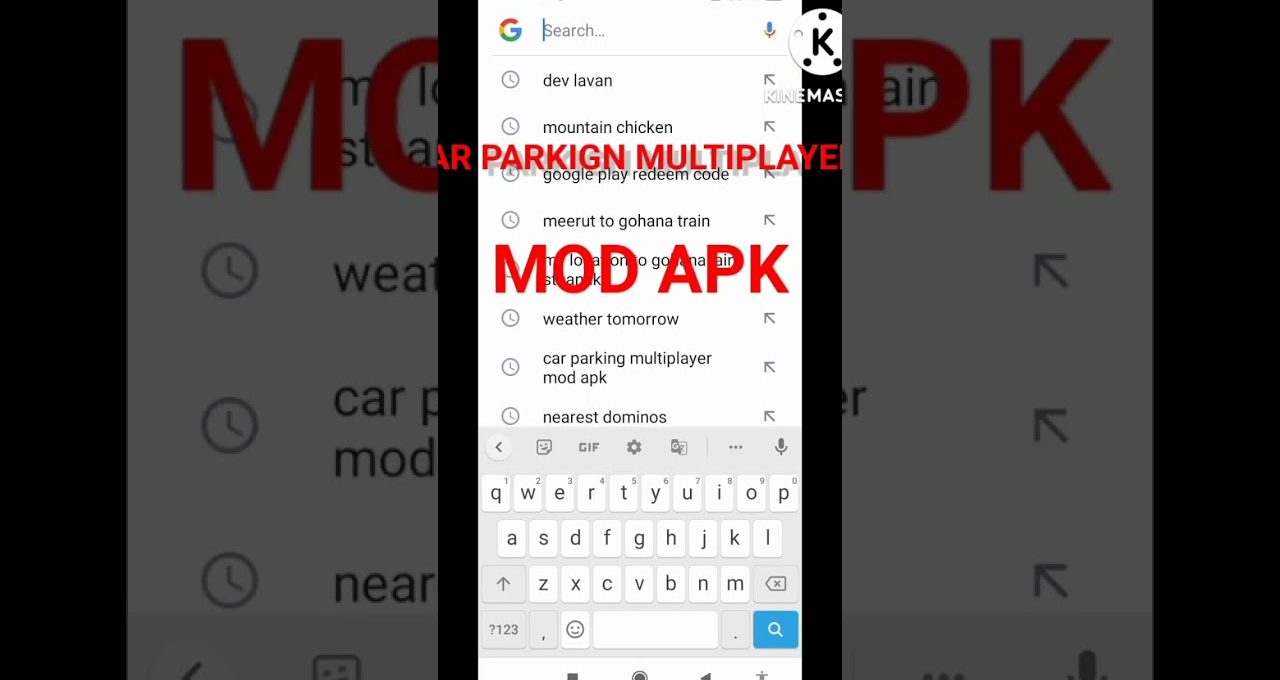 Smartphone search screen showing history and a keyboard with bold red "MOD APK" text.