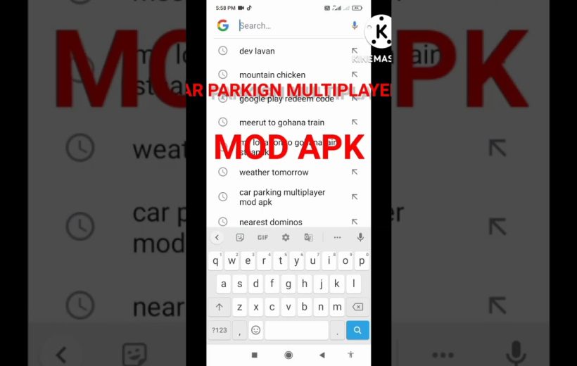 Smartphone search screen showing history and a keyboard with bold red "MOD APK" text.