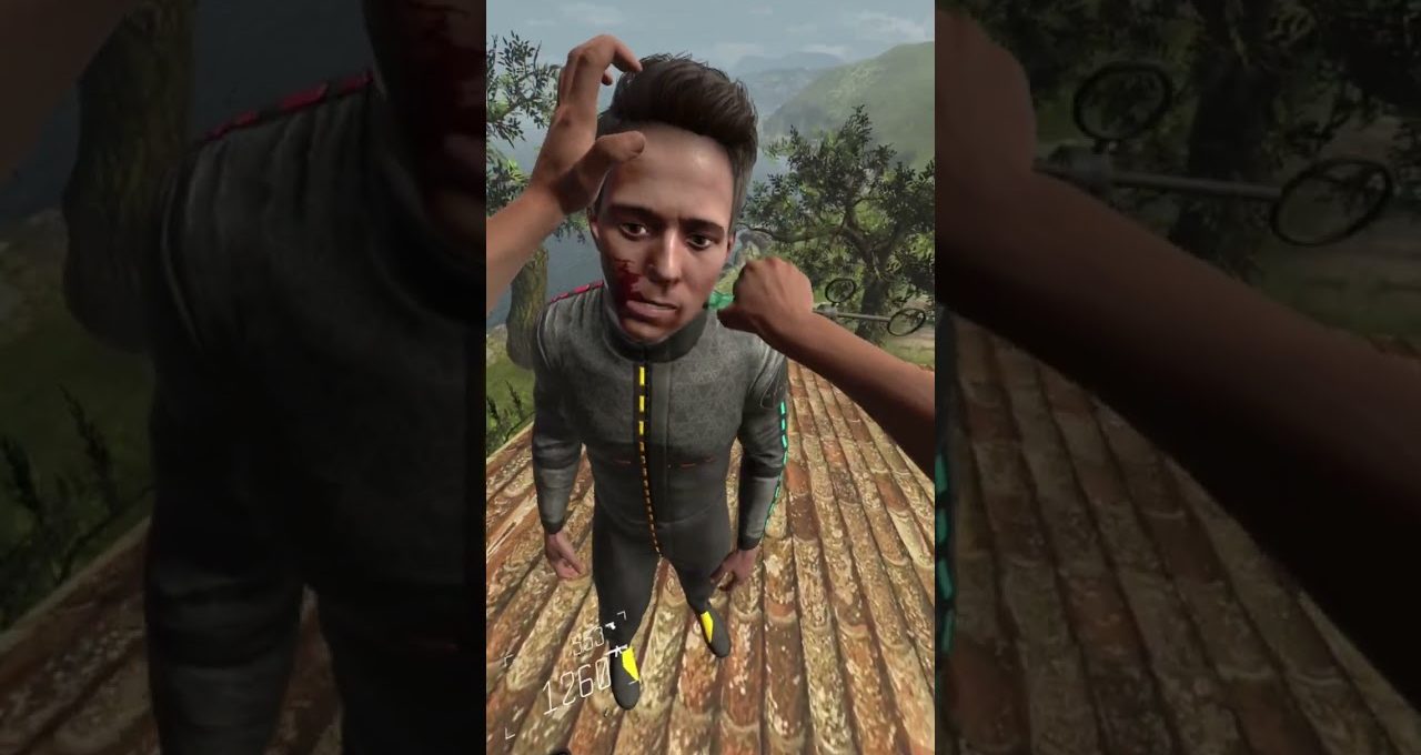 Player's hands grabbing a wounded man standing on a rooftop in a forested valley
