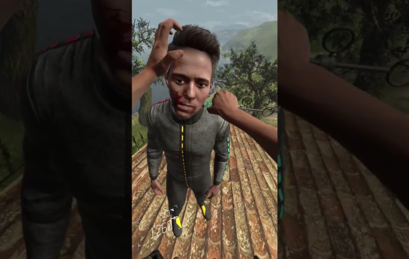 Player's hands grabbing a wounded man standing on a rooftop in a forested valley