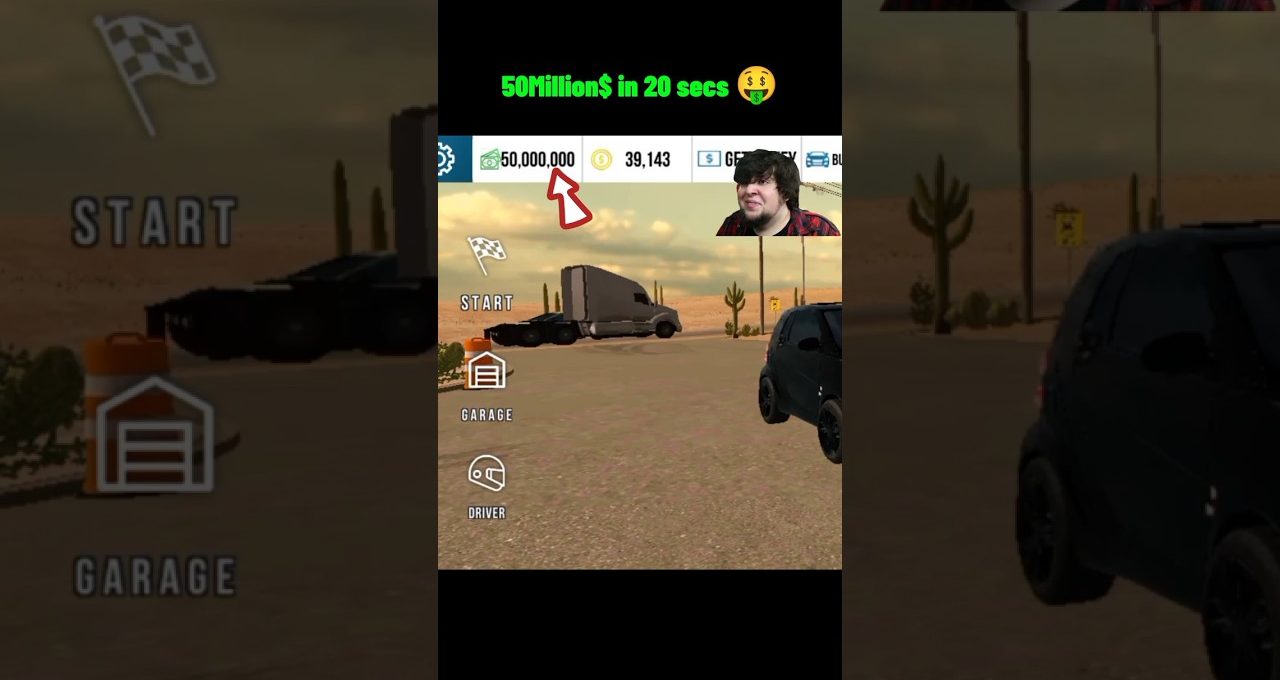 Mobile racing game screen showing desert track, semi truck, currency total and menu options
