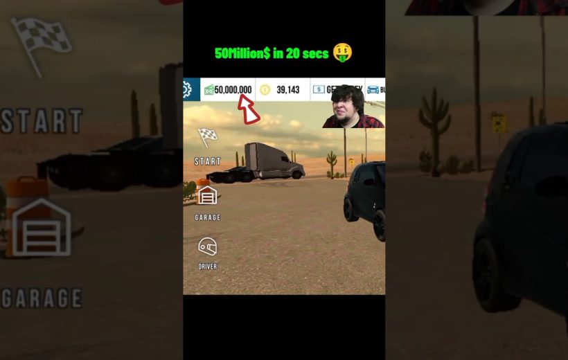 Mobile racing game screen showing desert track, semi truck, currency total and menu options