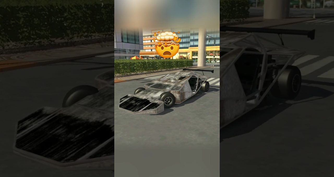 Worn, stripped-down race car parked on urban street with shocked exploding-head emoji above