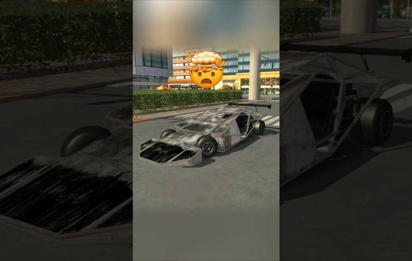 Worn, stripped-down race car parked on urban street with shocked exploding-head emoji above