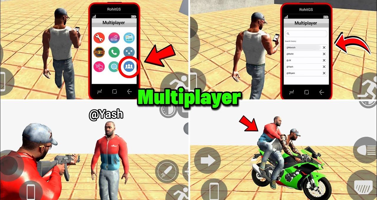Game split-screen showing a character using multiplayer phone menu and riding a motorcycle with another player