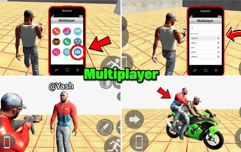 Game split-screen showing a character using multiplayer phone menu and riding a motorcycle with another player