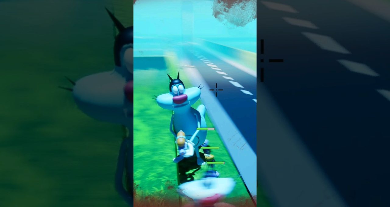 Cartoon cat character aiming a weapon beside a road in a bright game scene