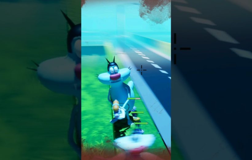 Cartoon cat character aiming a weapon beside a road in a bright game scene