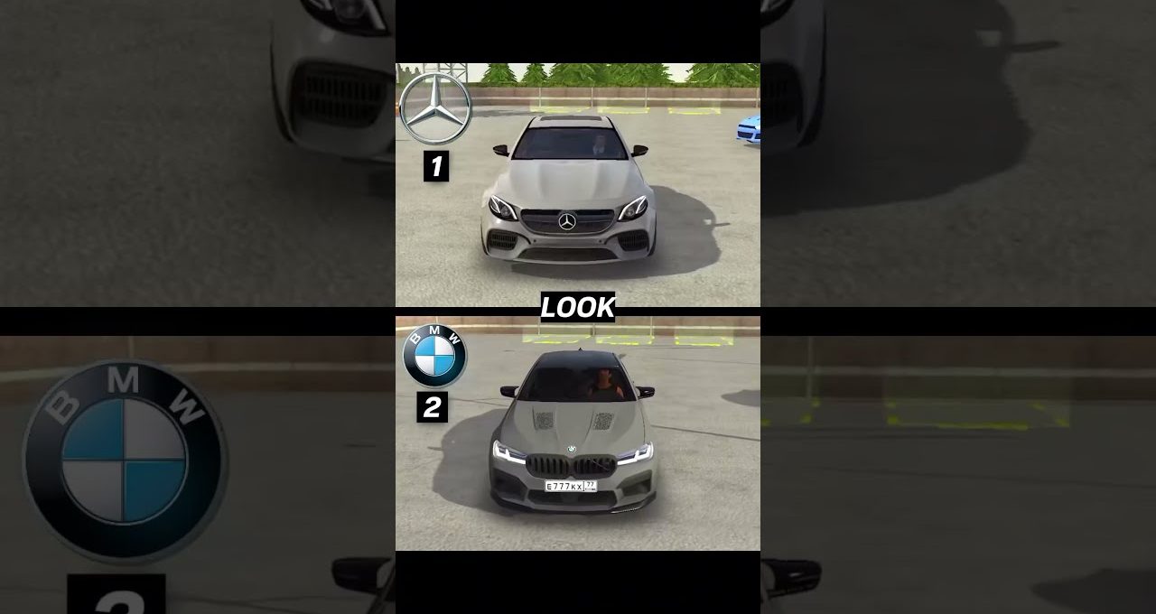 Two silver sports sedans front-facing in parking lot, labeled Mercedes and BMW comparison