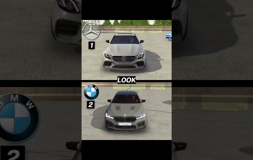 Two silver sports sedans front-facing in parking lot, labeled Mercedes and BMW comparison