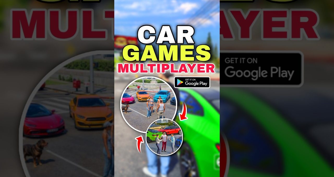 Bright app banner showing multiplayer car games with colorful sports cars and players
