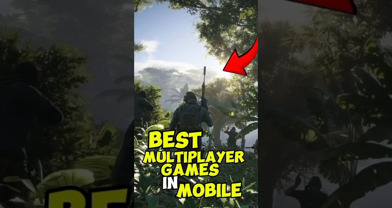 Soldiers moving through dense jungle foliage with text "Best multiplayer games in mobile"